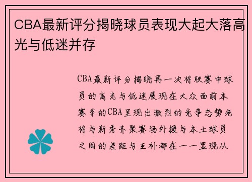 CBA最新评分揭晓球员表现大起大落高光与低迷并存