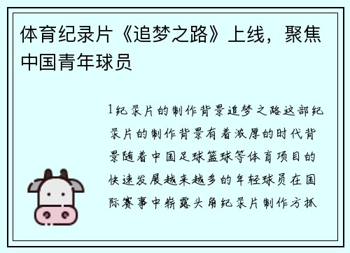体育纪录片《追梦之路》上线，聚焦中国青年球员